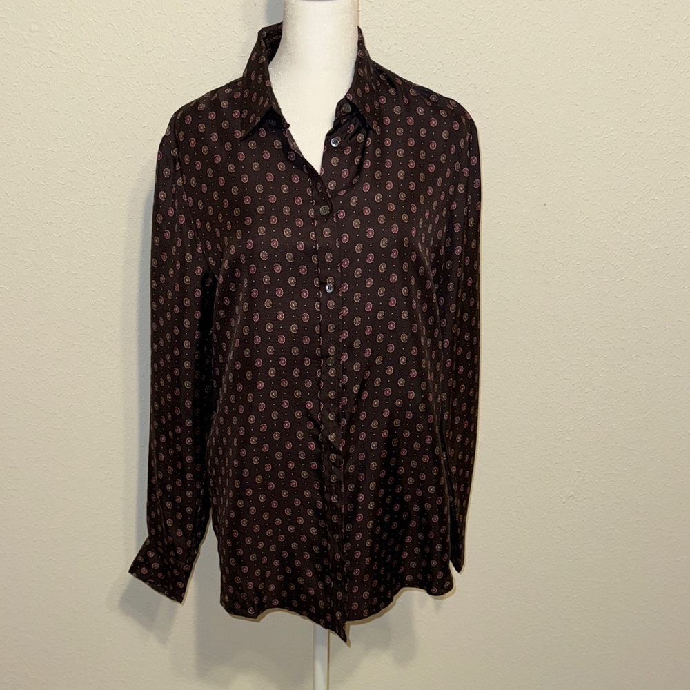 Banana Republic Brown and Red Paisley Print Silk Button Down Shirt Size M